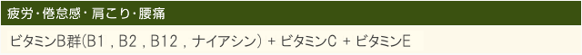 疲労・倦怠感 ビタミンB群(B1、B2、B12、ナイアシン)＋ビタミンC＋ビタミンE